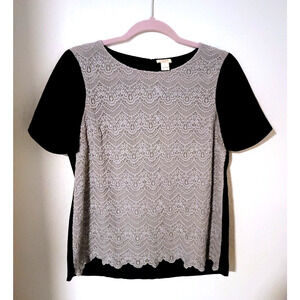 Vintage J. Crew Black W/ Gray Lace Front Short Sleeve Silky Blouse Top S